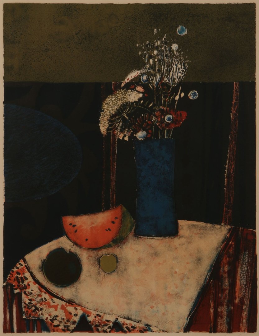 RENE GENIS (1922-2004) COLOR LITHOGRAPH: Signed lower right, edition 107/120 lower left, titled 'Bouquet and Melon' verso, image measures 26 x 20, frame measures 36 x 29.5 inches.We are happy to offer in-house shipping for all but very large