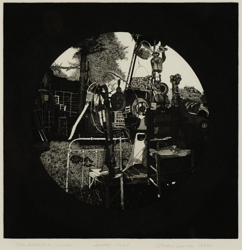 MARTIN LEVINE (BORN 1945) PENCIL SIGNED ETCHING: Titled 'The Reflective Garden' lower left, artist's proof lower center, signed lower right and dated 1972, plate measures 12.75 x 12.5, frame measures 26.5 x 24.5 inches.We are happy to offer in-house