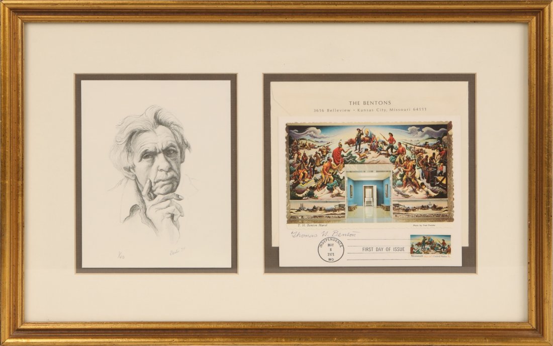 THOMAS HART BENTON (1889-1975) SIGNED FIRST DAY OF: First day of issue stamp from 1971, postcard featuring the mural at the Truman Library, signed in ink by Thomas Hart Benton, includes an offset lithograph self portrait edition of 1/40 that measures 6