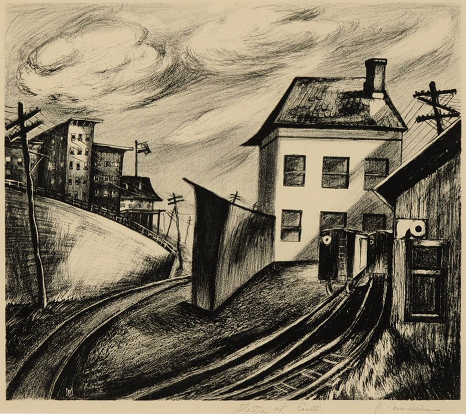 WPA ARTIST BEATRICE MANDELMAN (1912-1998) SIGNED LITHO: Titled 'Station at Easton' lower center, signed lower right, image size 12.5 x 14.25. frame measures 22.5 x 24.5 inches. Beatrice Mandelman was employed as a print maker and muralist under the WPA, an