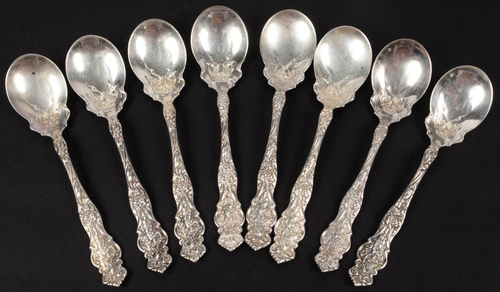 EIGHT WALLACE 'IRIAN' ART NOUVEAU STERLING SPOONS (1 of 6)