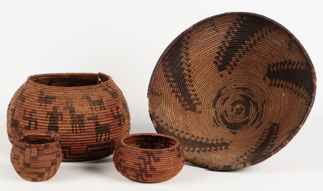 FOUR CIRCA 1900 NATIVE AMERICAN BASKETS, AS FOUND (1 of 10)
