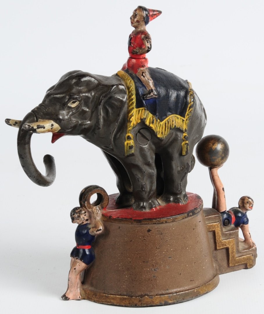 J.E. STEVENS ELEPHANT AND THREE CLOWNS MECHANICAL BANK (1 of 10)