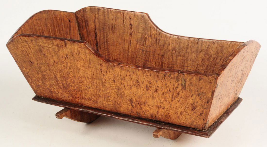 RARE DESIRABLE MINIATURE BURL WOOD MODEL OF A CRADLE: An exceptional highly figured Ash burl wood cradle that measures 7 inches high, 14 inches long and 8 inches wide. Great color and patina, fine construction and proportions using thinly cut and difficu