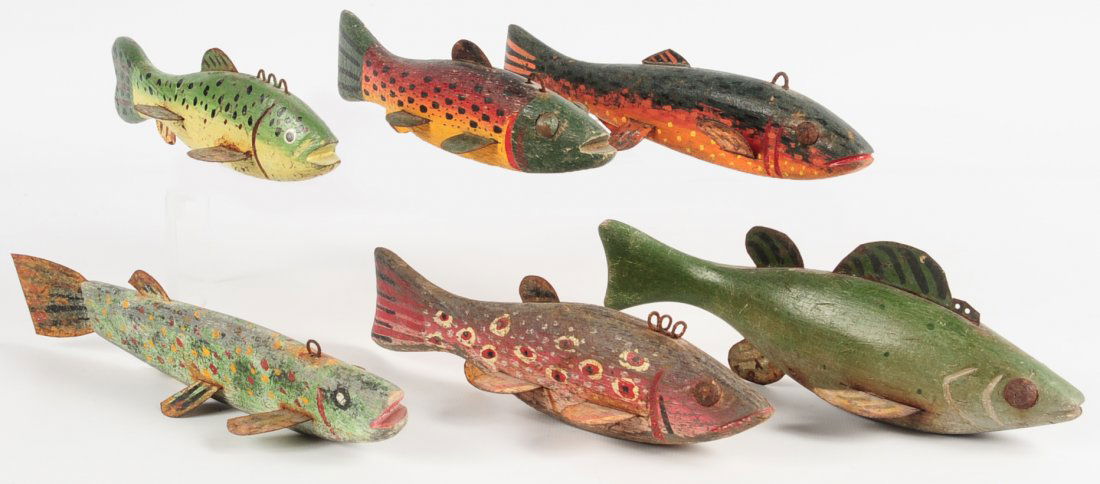SIX PAINTED WOOD FISH DECOYS (1 of 9)