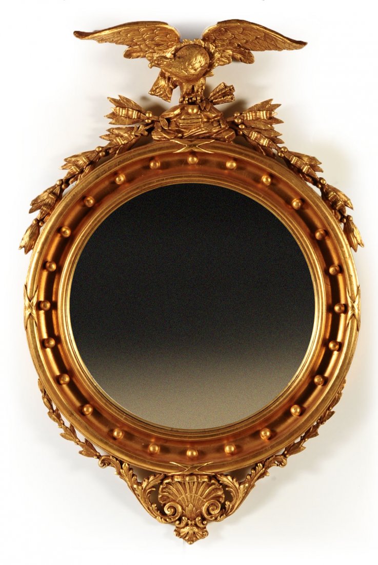 20TH C. CONVEX BUL'S EYE GIRANDOLE MIRROR: Measures 48.5 inches in height x 32 inches in diameter.We are happy to offer in-house shipping for all but very large or very fragile items. Some international orders may need to be handled by a third