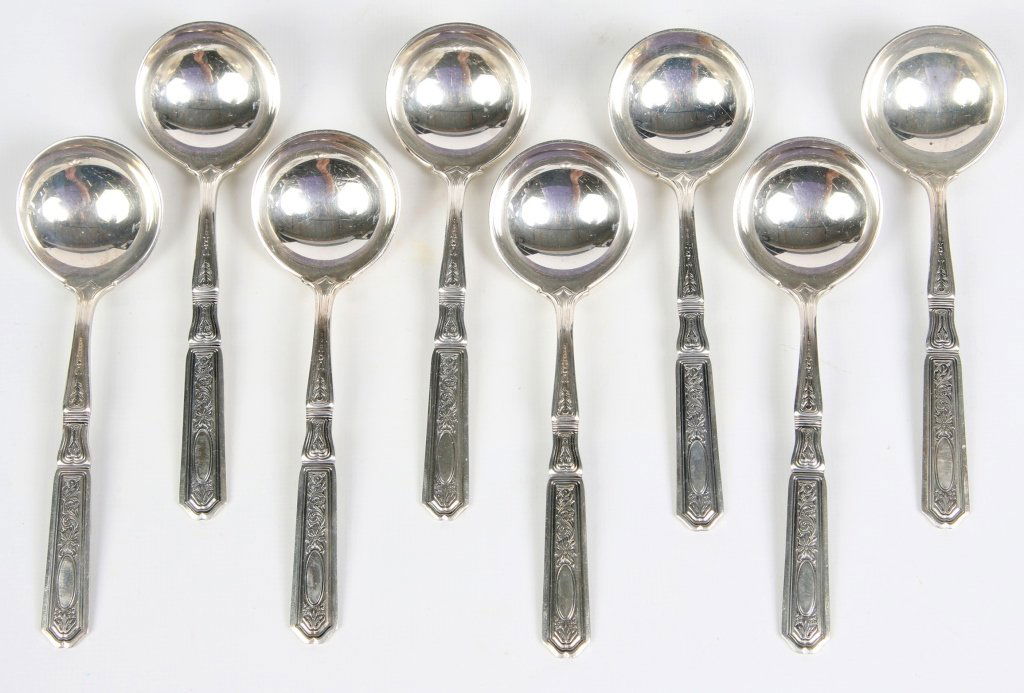 EIGHT GORHAM ST. DUNSTAN STERLING BOULLION SPOONS (1 of 5)