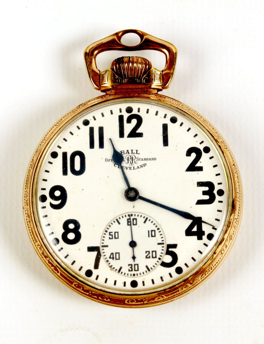 BALL RAILROAD GRADE 21J POCKET WATCH: A 16 size Ball Watch Company brand pocket watch marked Official Standard on the movement with 21 ruby jewels in gold jewel settings, adjusted to five positions, sapphire pallets, serial number B642884