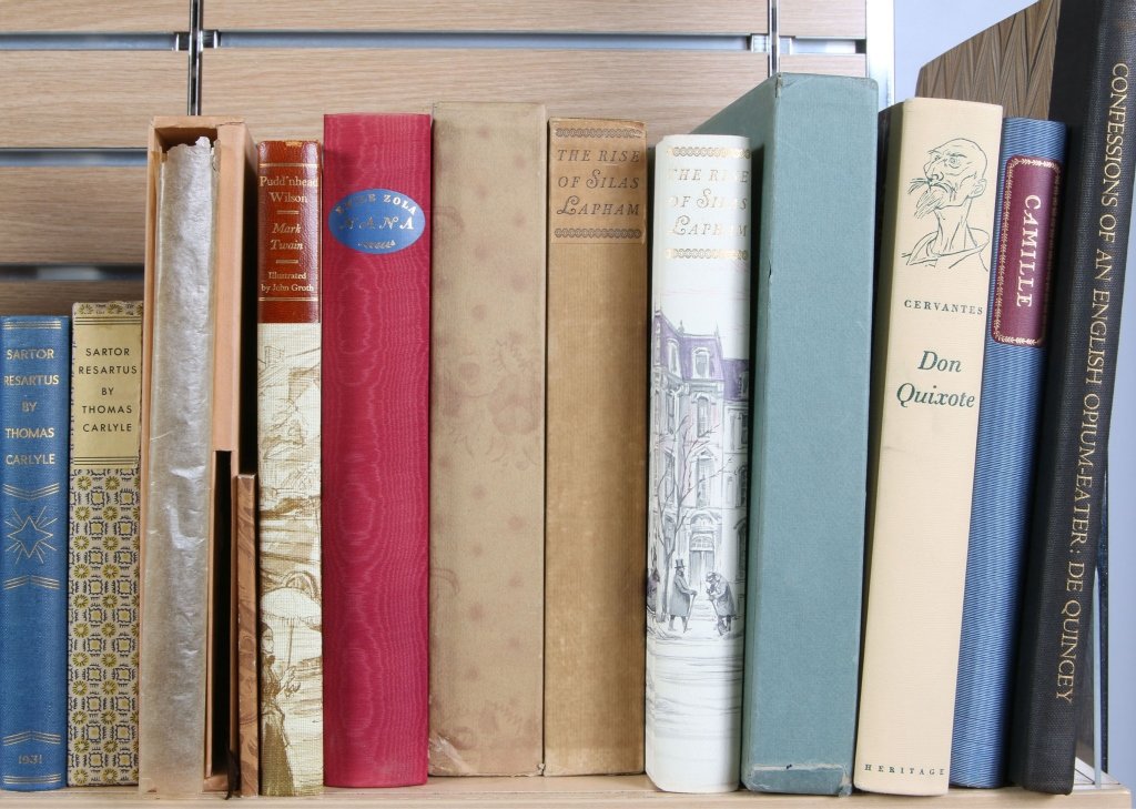 SEVEN LIMITED EDITIONS CLUB & SIMILAR VOLUMES: Includes: 1) Twain, Mark. 'Pudd'nhead Wilson' in slip case, including 'Pudd'nhead Wilson's Calendar.' 1178/2000. Signed in the back by illustrator John Groth. Introduction by Edward Wagenknecht. Avon,