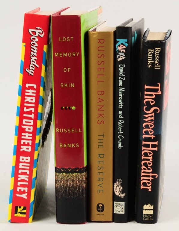 FIVE AUTHOR SIGNED HARDCOVER BOOKS: BUCKLEY, BANKS: Includes 'Boomsday' by Christopher Buckley, first edition, 2007, published by Twelve, hardcover, 318 pp, signed on the title page. 'Kafka' by David Zane Mairowitz and R. Crumbo, 1994, signed by author