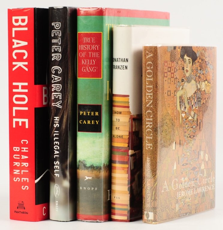 FIVE AUTHOR SIGNED BOOKS: FRANZEN, LAWRENCE, CAREY,: Includes 'How to Be Alone' by Jonathan Franzen, 2002, Farrar, Strauss, Giroux, first, signed title, hardcover, dust jacket, 278 pp. 'A Golden Circle' by Jerome Lawrence, Sun & Moon Press, 1993 first, 