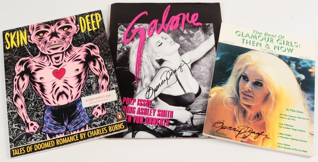 BUNNY YEAGER SIGNED GLAMOUR MAGAZINES: Includes 'The Best of Glamour Girls: Then and Now, Volume 2,' Winter 1997, signed on cover by Bunny Yeager, 114 pp, magazine format. 'Galore: The Pulp Issue' signed by Bunny Yeager on cover, large mag
