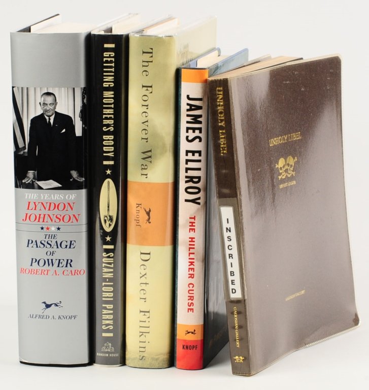 SIGNED BOOKS: ELLROY, CARO, FILKINS, PARK, CHAPMAN: Includes 'Unholy Libel' by Dinos & Jake Chapman, 1997 Gagosian first, signed by both, softcover, 153 pp. 'The Forever War' by Dexter Filkins, Alfred Knopf 2008 first, signed title page, dated 2008, ha