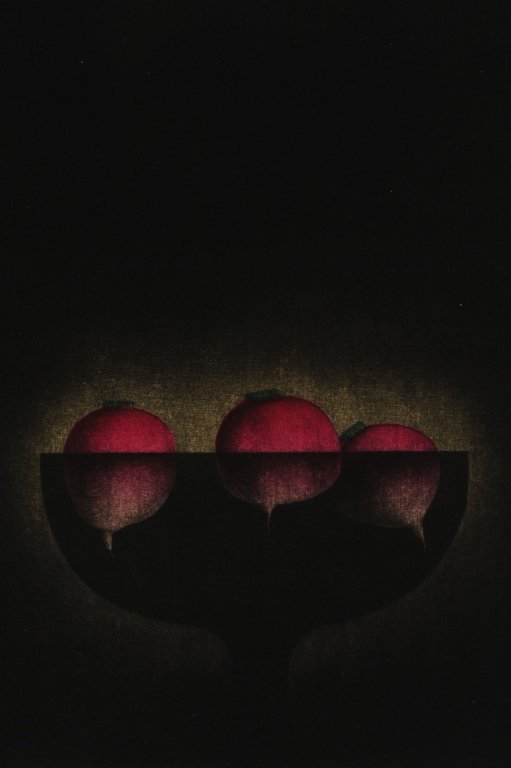 TOMOE YOKOI (BORN 1943) PENCIL SIGNED COLOR MEZZOTINT: Titled 'Radish in the Bowl' lower center, edition 44/100 lower left, signed lower right, plate measures 10.75 x 8.75, sheet measures 20.75 x 15 inches, unframed. We are happy to offer in-house shippin