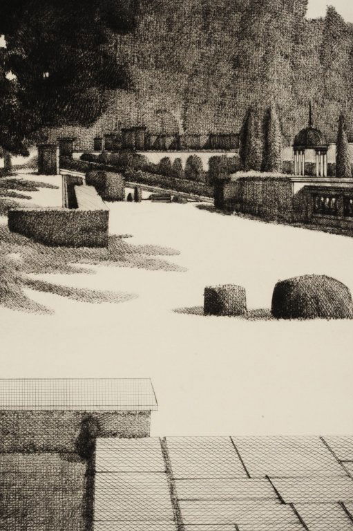 LEONARD LEHRER (BORN 1935) PENCIL SIGNED ETCHING: Titled 'Formal Garden' lower left, edition 142/250 lower center, signed lower right, includes an AAA certificate, plate size 11.75 x 8.75, sheet measures 16.75 x 13 inches, unframed. We are happy to o