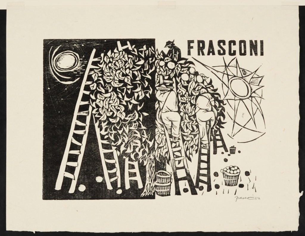 ANTONIO FRASCONI (1919-2013) PENCIL SIGNED WOODCUT: Titled 'Day and Night' with a Print Club of Cleveland, Ohio label, signed lower right and dated 52, print club stamp verso, on handmade paper with natural fiber inclusions, block measures 9.5 x 12.5, 