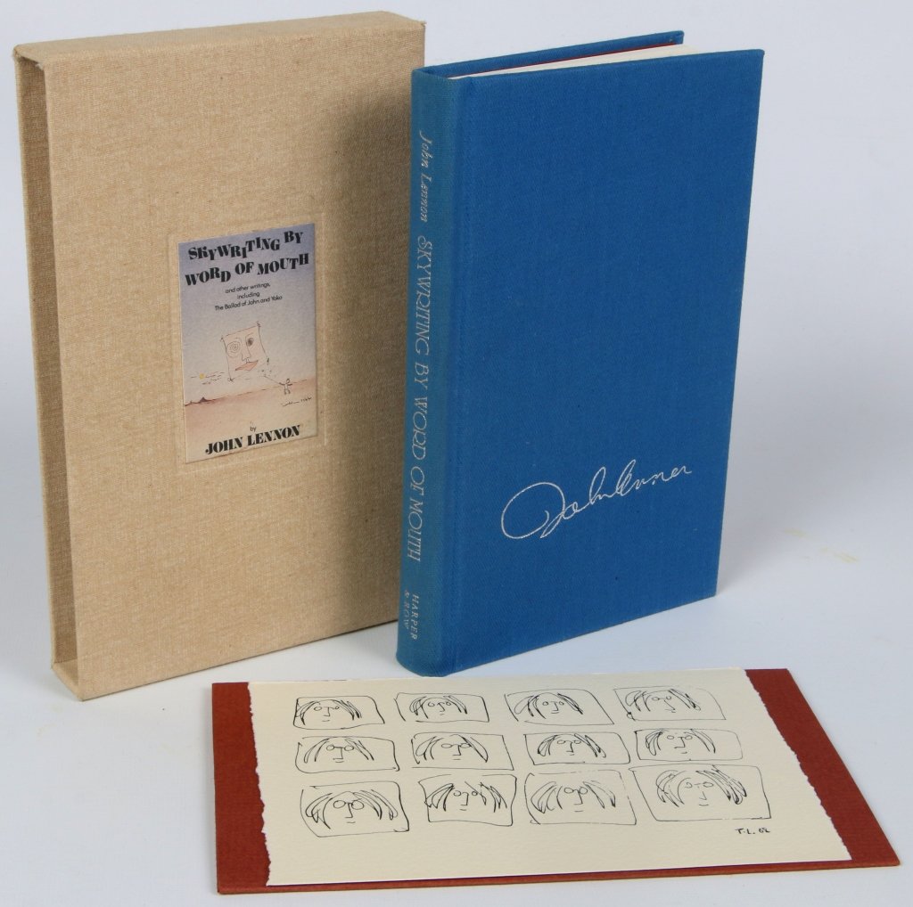 JOHN LENNON, 'SKYWRITING BY..' SIGNED YOKO ONO: Lennon, John. 'Skywriting by Word of Mouth' in slip case. Signed and numbered 178/500 in the front by Yoko Ono. Illustrations by John Lennon. Harper & Row, New York 1986 for the Library of Congress. I