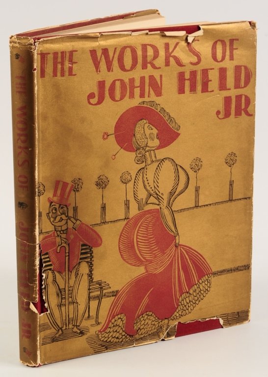1931 'THE WORKS OF JOHN HELD JR.' FIRST EDITION: 168pp. Red velour cloth over boards with title stamped in black on the spine and front cover. Held illustrated F. Scott Fitzgerald's jazz-era novels. We are happy to offer in-house shipping for all bu