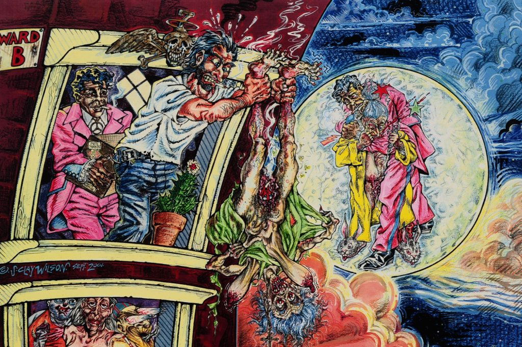 S. CLAY WILSON (b. 1941) 2 PRINTS & A POSTER, SIGNED: A color lithograph entitled 'Poets in Hell,' signed in graphite by Wilson lower right and dated 88 and numbered 23/100 lower left. Offset color lithograph signed by Wilson and Rush Hashanah in pen and