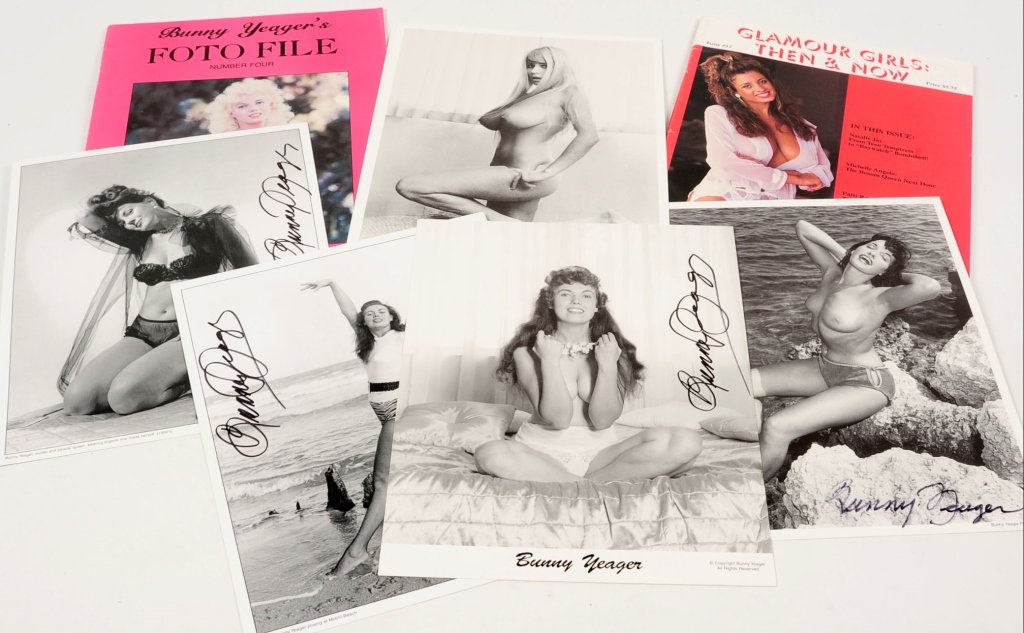 LOT OF BUNNY YEAGER PHOTOS AND RELATED: Includes four 8x10s of Bunny Yeager posing, all signed, one of Carrie Price photographed by Yeager, also signed. 'Bunny Yeager's Foto File no. four,' 'Glamour Girls Then and Now' issue 12, and an 11 x