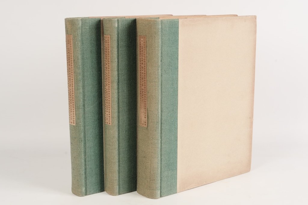 EXTANT WORKS FRANCOIS RABELAIS, 1929, COVICI-FRIEDE,: By Samuel Putnam, with illustrations by Jean de Bosschere. Limited edition set of 1929 by Covici-Friede, hand numbered 407/1300. 4to, quarter cloth with paper covered boards, applied titles to spines.
