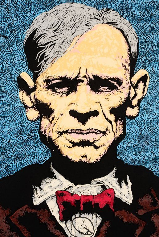 TWO SIGNED POSTER PRINTS PLUS ANOTHER: Offset lithograph of an art show poster for Peter Saul (b.1934) at the Jack Hanley Gallery in 2003 signed in ink by Saul lower right. A serigraph by Joe Coleman (b.1955) of a man in a bow tie signed l