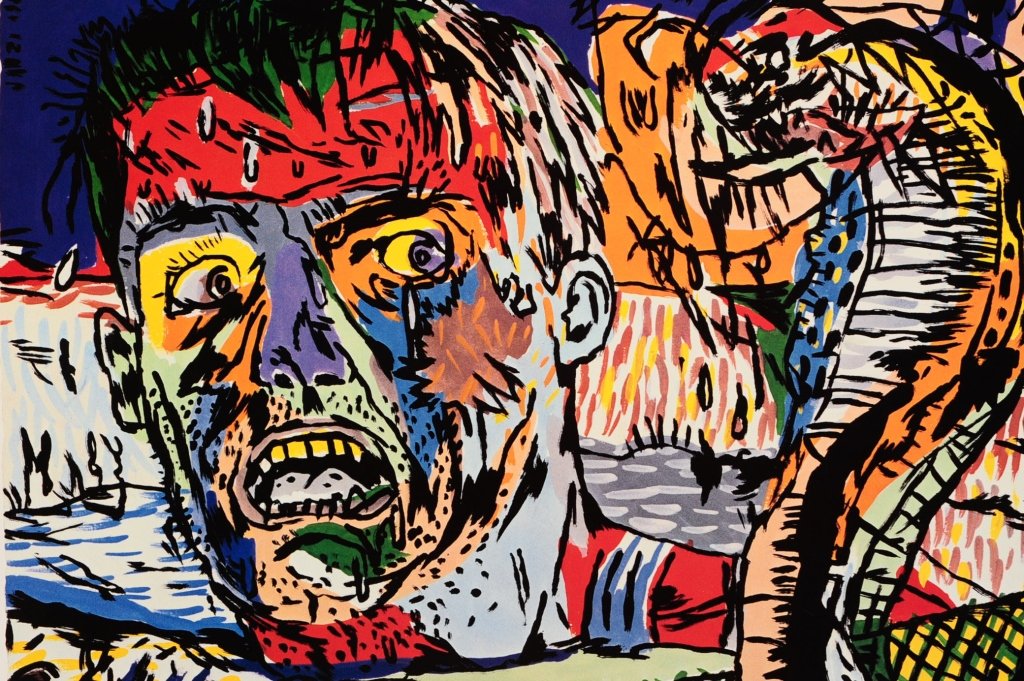 FOUR SIGNED PRINTS FROM VARIOUS 21ST C. ARTISTS: Includes: A) Johnny Ryan, 'Peckersaurus,' serigraph, signed and dated '04 in pencil lower right and titled and number 88/100 lower left. B) Frank Kozik, 'Vertigo Vinegar Madonna' concert poster, serig