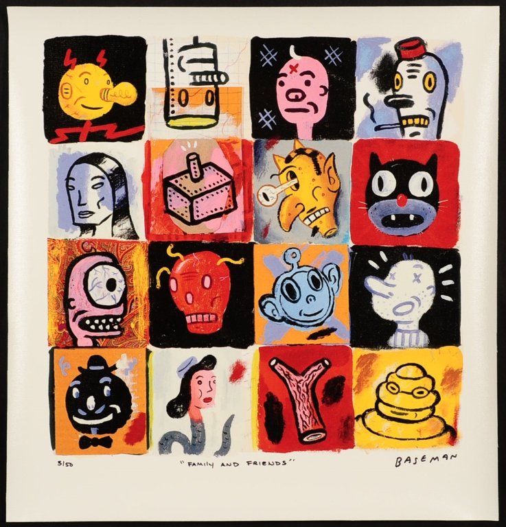GARY BASEMAN (b.1960) SIGNED GICLÃ‰E ON CANVAS: Entitled: 'Family and Friends,' signed in marker lower right by Baseman, numbered 3/50 lower left and titled lower middle. Image measures 15.25 x 15.25 on a 18.75 x 18 inch canvas sheet. Includes cert