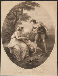 CUPID AND CEPHISA, AFTER ANGELIKA KAUFFMAN C. 1790: Cupid And Cephisa, Angelica Pinxt left side Thomas Burke fecit on right side, engraved by T. Burke after the painting by Angelika Kauffman. Measures 15.75 x 12 inch unmounted sheet.