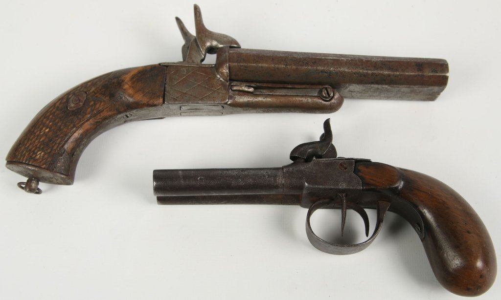 TWO CIRCA 1830â€™S DOUBLE BARREL PERCUSSION PISTOLS (1 of 10)