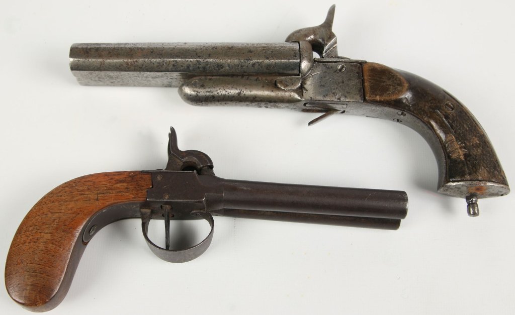 TWO CIRCA 1830â€™S DOUBLE BARREL PERCUSSION PISTOLS (1 of 9)