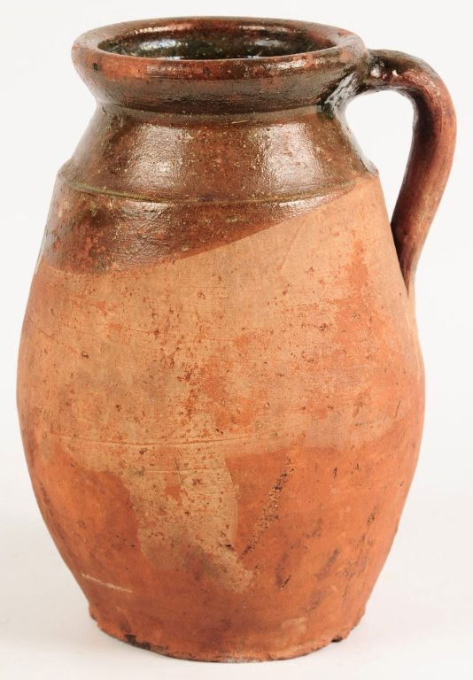 19TH C. REDWARE STORAGE JAR WITH HANDLE (1 of 10)