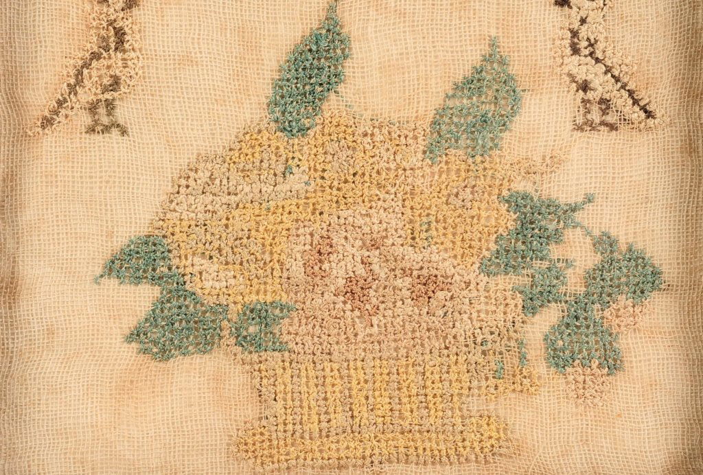 SILK ON LINEN 19TH C. CROSS-STITCH PICTORIAL C. 1820 (1 of 7)