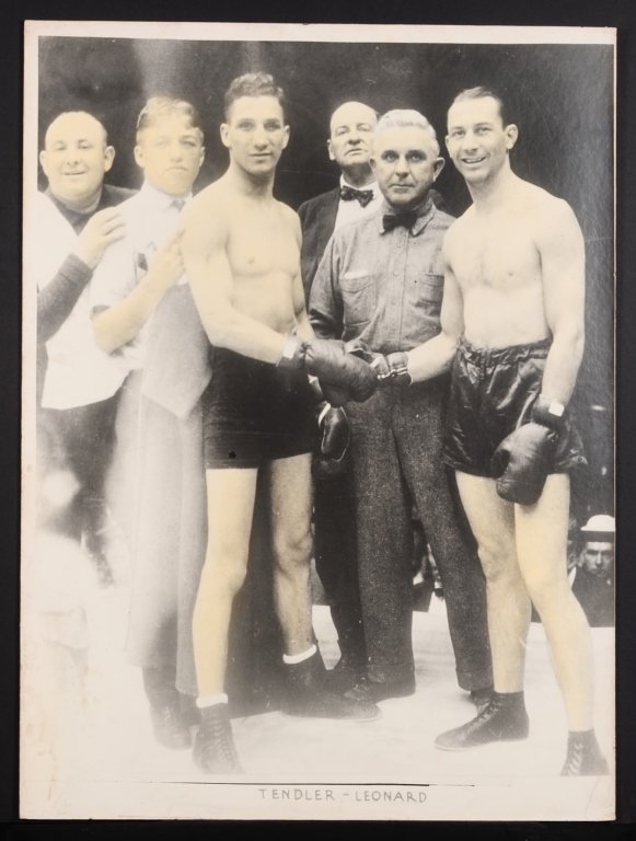 C. 1940 HAND COLORED PHOTO OF BOXERS TENDLER-LEONARD: Early 20th century print from a 1920s photo, noted 'Tendler - Leonard' along the bottom, mounted on chip board, measures 40 x 30 inches.