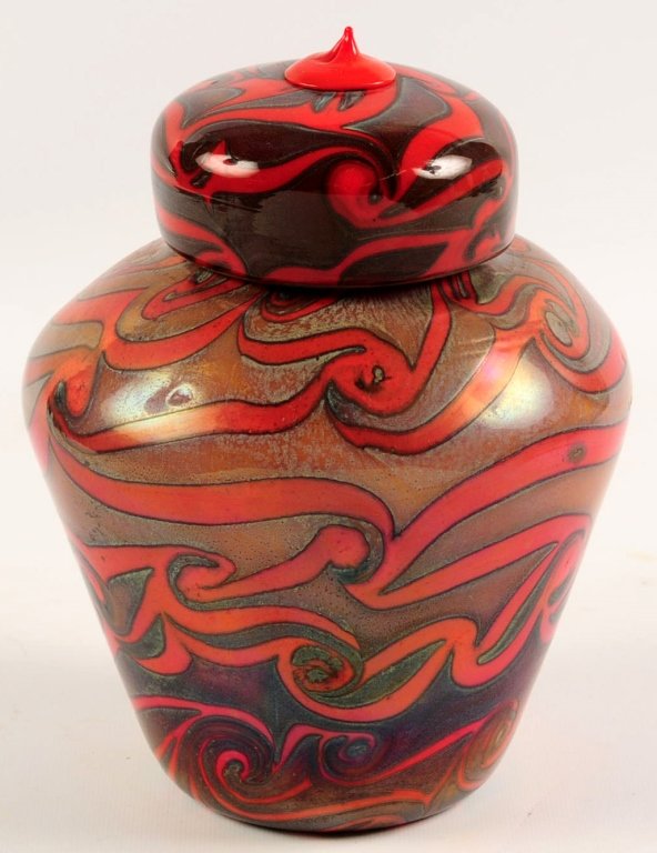 ART GLASS GINGER JAR, MANNER OF DURAND: Lidded, unsigned, thick and heavy glass. Measures approximately 8.75 x 6.25 inches. Globular pontil.