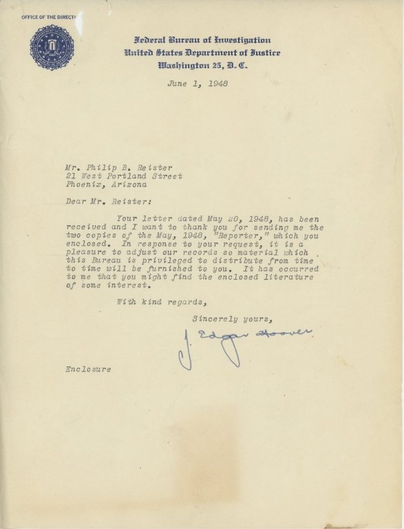 TWO TYPED LETTERS SIGNED BY J. EDGAR HOOVER, 1948, 1962 (1 of 3)
