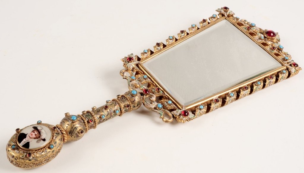 FRENCH GILT ENAMEL HAND MIRROR JEWELS AND PORTRAITS (1 of 10)