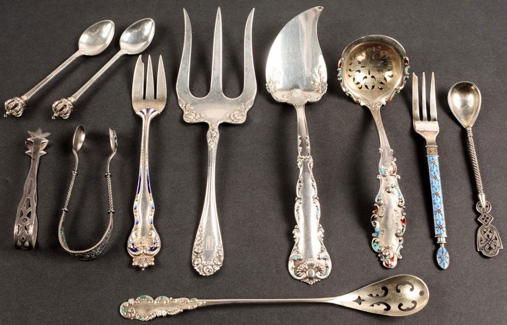 ESTATE LOT OF ENAMELED AND OTHER STERLING FLATWARE (1 of 10)