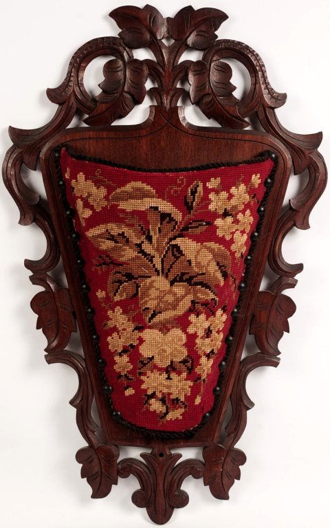 VICTORIAN CARVED WALNUT WALL POCKET WITH NEEDLEPOINT (1 of 10)