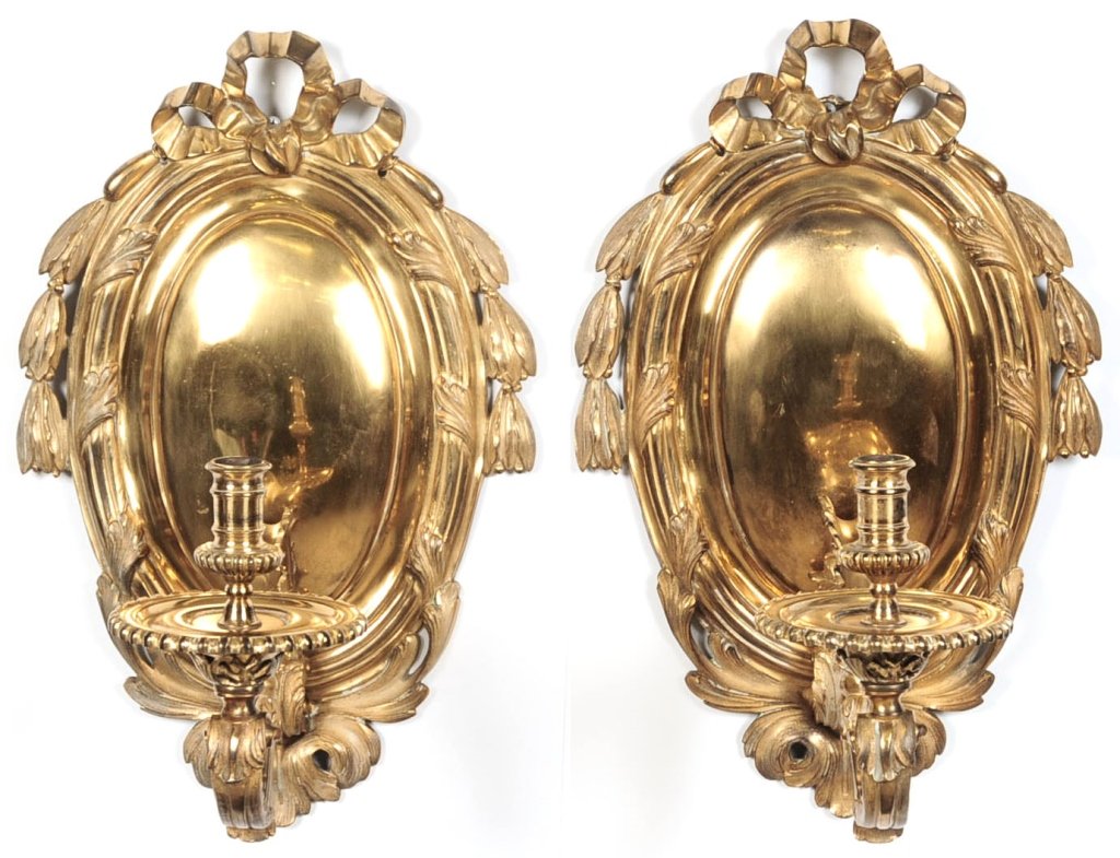 PAIR CIRCA 1900 LARGE ORNATE HEAVY BRASS SCONCES (1 of 10)