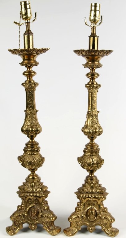PAIR OF LATE 19TH C. BRASS ALTAR STICK TABLE LAMPS (1 of 6)
