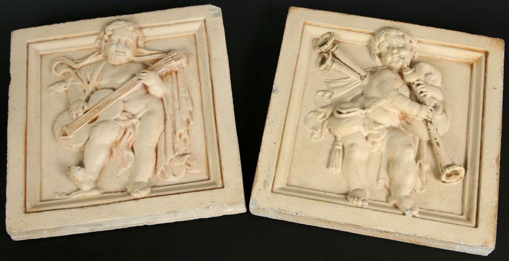 PAIR CAST ARCHITECTURAL TILES WITH MUSICIAN CHERUBS (1 of 7)