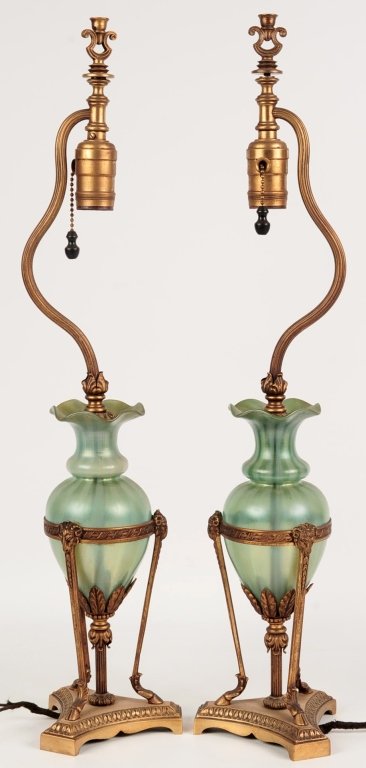 PAIR OF BRONZE MOUNTED ART GLASS LAMPS CIRCA 1925 (1 of 9)