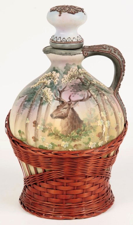 A GOOD NIPPON WHISKEY JUG WITH MORIAGE IN WICKER (1 of 10)