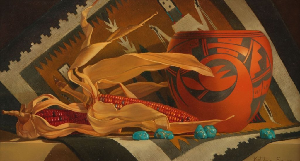 KATHLEEN SAVAGE OIL ON PANEL HOPI POTTERY AND NAVAJO (1 of 6)