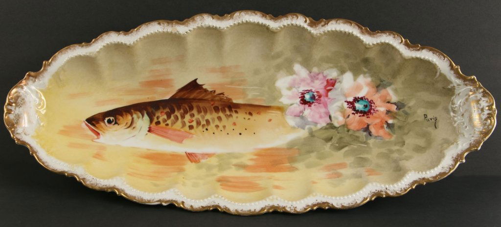 A CORONET LIMOGES PORCELAIN FISH SET SIGNED PUVIS (1 of 10)