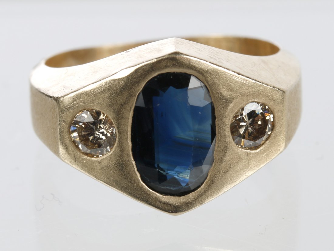 GENT'S 14K GOLD BEZEL SET SAPPHIRE & DIAMOND RING (1 of 5)