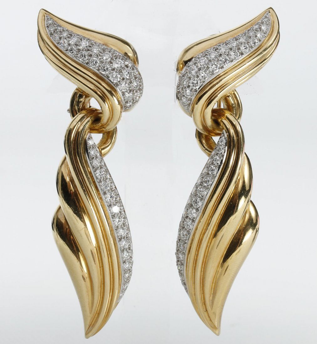 PAIR 18K GOLD AND DIAMOND DROP CLIP-ON EARRINGS (1 of 8)