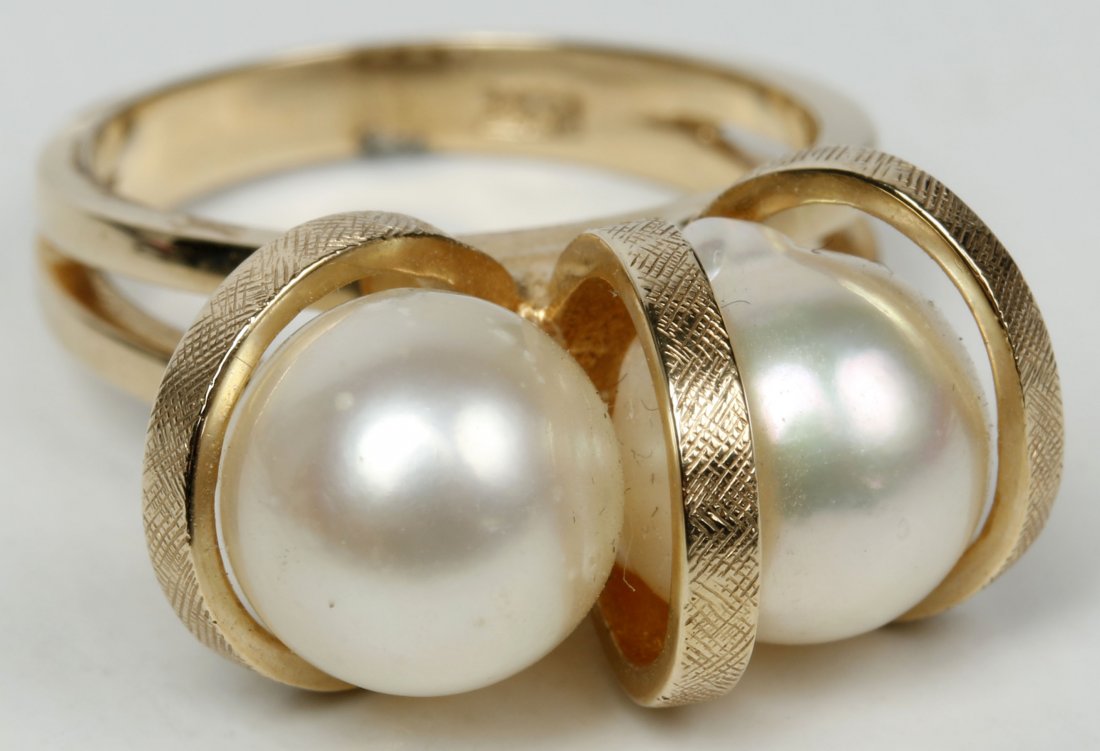 LADIES 14K YELLOW GOLD DOUBLE CULTURED PEARL RING (1 of 6)