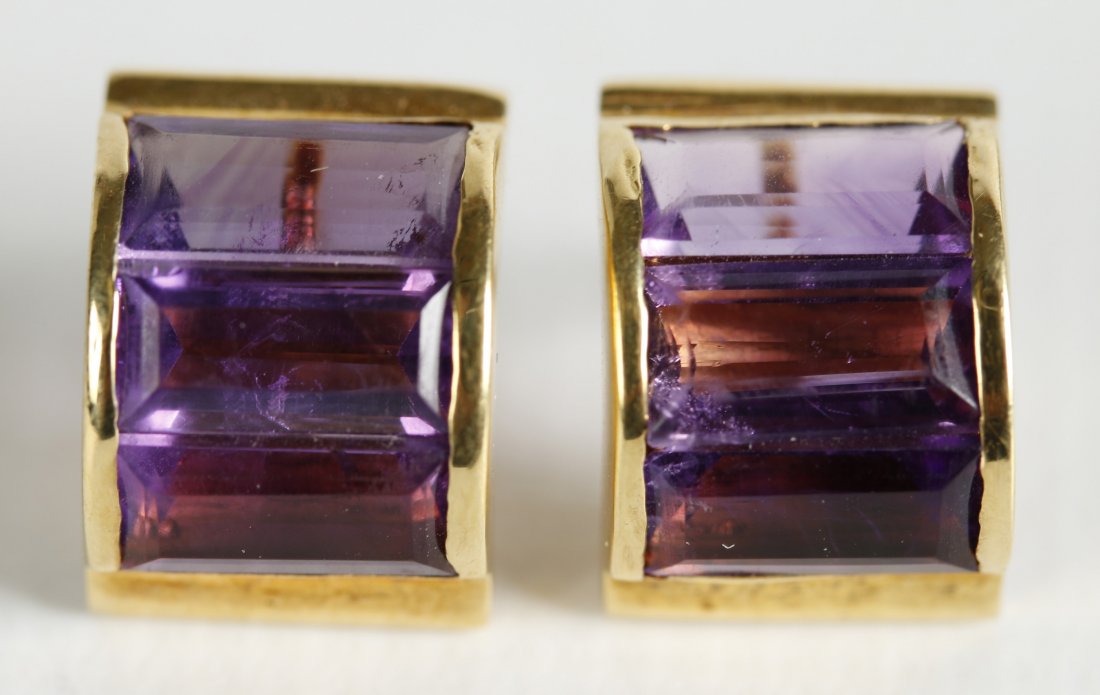 PAIR 14K GOLD EARRINGS W EMERALD CUT AMETHYST (1 of 3)